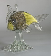 Vintage Murano Toscal Art Glass Fish Sculpture Yellow Sommerso Italy Pedestal