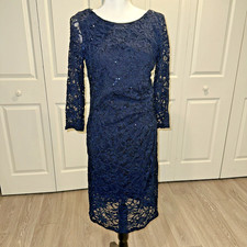 Stunning Marina Sequin Lace Dress 3/4 Sleeve Runched Waist Navy Blue Size 8