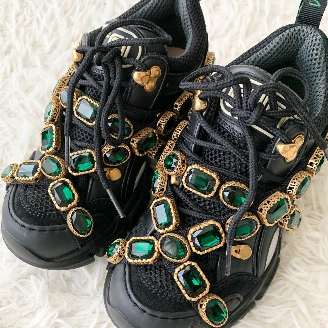 【グッチ】Flashtrek スニーカー レザー ビジュー 34.5 黒 GUCCI Sega Flashtrek sneaker shoes Black US5 UK34.5 low cut
