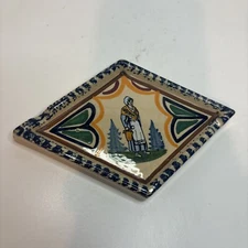Vintage Quimper Style Pottery French Lady Ashtray rhombus shape signed