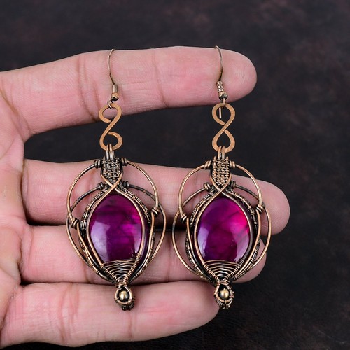 Gift For Her Purple Fire Labradorite Wire Wrapped Earrings Copper 3.35" - Picture 3 of 6