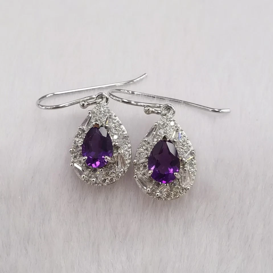 2Ct Pear Lab Created Purple Amethyst Drop/Dangle Earrings 14K White Gold Plated - Image 2 of 4