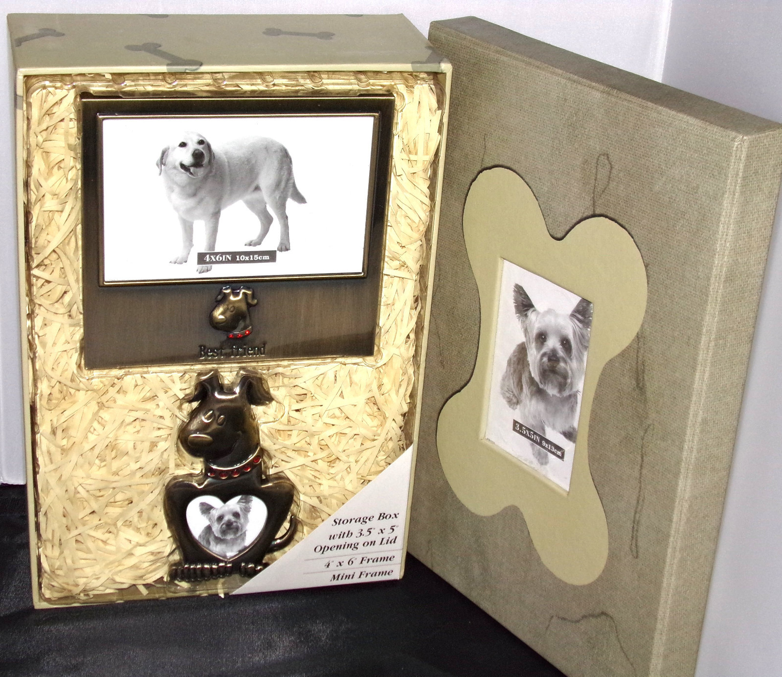 Dog Best Friends Picture Frames Metal w/Photo Storage Box 2 Frames Box ...