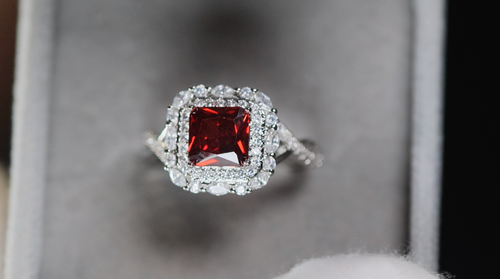 Womens Red Diamond Ring, Simulated Diamond Ring, Red Princess Cut Diamond Ring - Picture 3 of 8