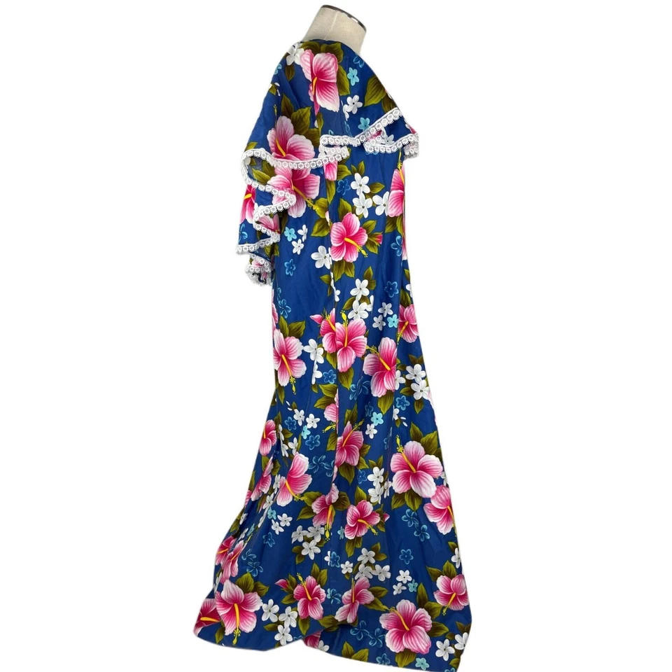 Vestido Hawaiano De Colección Años 70 Tiki Personalizado Talla 18 Harriets of Hawaii Azul Hisbiscus Foto 4 de 4