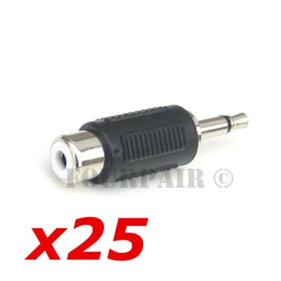 25 PACK LOT -  3.5mm Mono Male Plug to RCA Female Jack Audio Adapter Converter