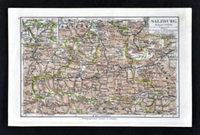 1900 Meyers Map Salzburg Austria Alps Germany Berchtesgaden Hallein Hallstatt