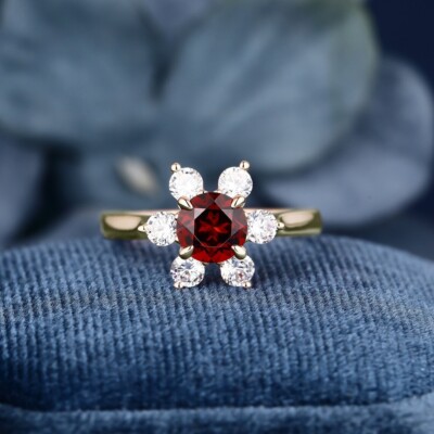 Natural Red Garnet 925 Sterling Silver Ring, Halo Engagement Ring, Promise Ring