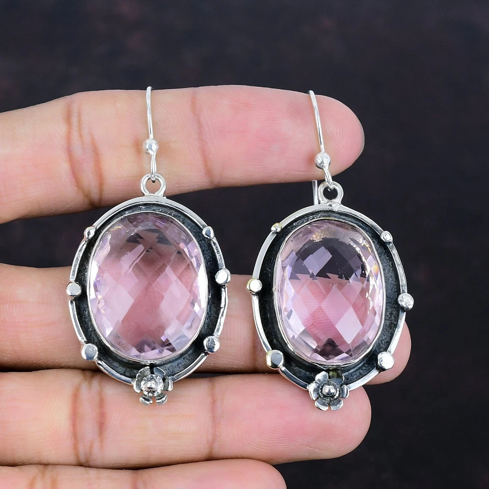 Oferta de San Valentín Rosa Kuncita Piedras Preciosas Colgante Gancho Pendientes Joyería Plata 925 Foto 4 de 4
