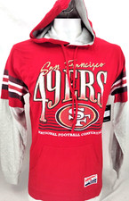NEW San Francisco 49ers New Era Red LS Hooded Distressed Pullover Shirt Men's L
