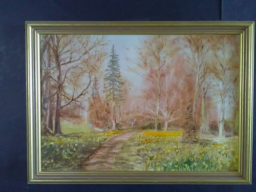 Impressionistisches Ölgemälde, Frühlingslandschaft, Wald, Narzissen, Brian Sears