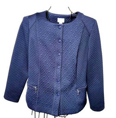 CHICO'S Navy Blue Quilted Pattern Snap Front Jacket Size 2