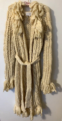 Sweater Coat Duster Wool/Silk Sz M Cable Knit Shaggy Belted Ivory Boho Hippie