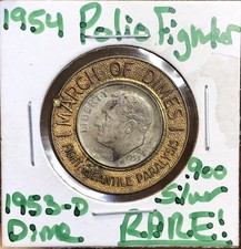 Polio Fighter 1954 Souvenir ￼Token with 1953-D Silver Roosevelt Dime - RARE !!!