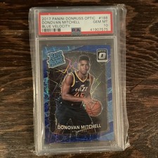 Donovan Mitchell 2017 Donruss Optic Blue Velocity Rated Rookie Card #188 PSA 10. rookie card picture