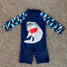 Kids Shark One-Piece Swimsuit Rash Guard hat 3-6 months
