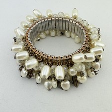 VTG White Dangle Faux Pearls, Beads & Charms Cha Cha Stretch Bracelet Gold Tone