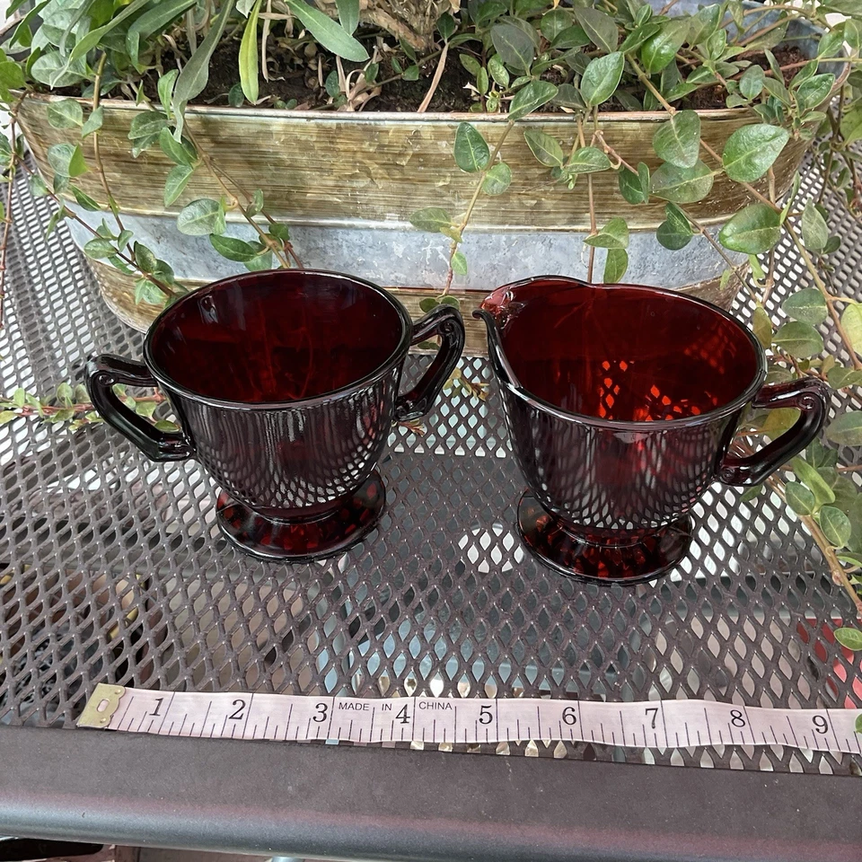 Anchor Hocking Royal Ruby Red Footed Sugar and Creamer Set Vintage - Image 3 of 4