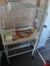 White Metal Bird Cage on Wheeled Stand with Perches, Bowls & Hanging Toy