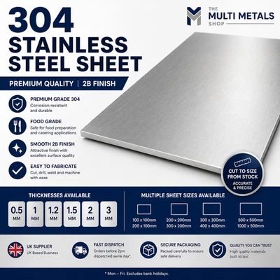 304 Stainless Steel Sheet Plate Mill Finish Grade 304 Various Sizes &Thicknesses - Image 1 of 4
