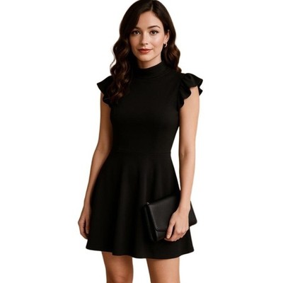 Trixxi Francesca s Black Mock Neck Ruffle Sleeve Fit  & Flare Mini  Dress S