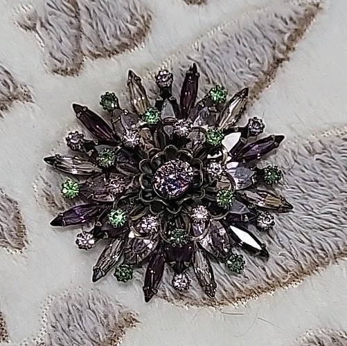 Vintage Signed Alice Caviness Purple Rhinestone & Art Glass Brooch 