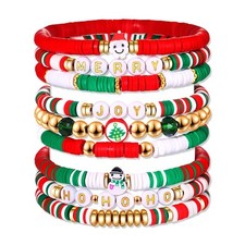 9PCS Christmas Bracelets for Women Red Green Heishi Bracelet Stack Beaded Holida
