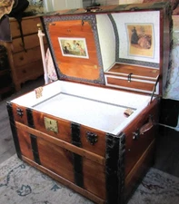 Antique Dome top wedding trunk wooden brides style steamer chest restored C-1880
