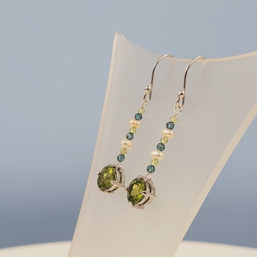 Peridot Pearl Earrings, Green Peridot, London Blue Topaz Gemstone Beads, - Picture 2 of 4