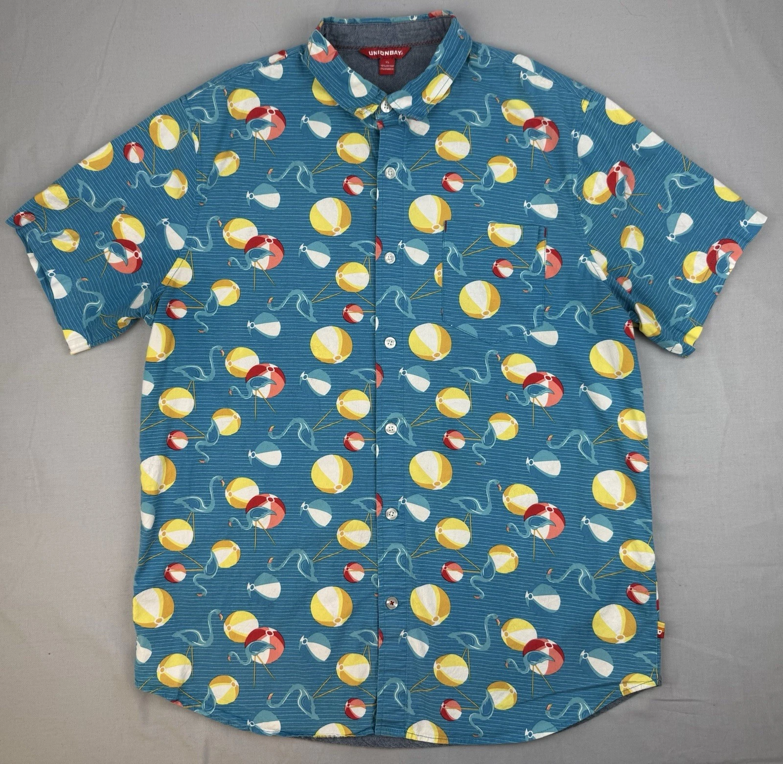 Mens Resort Casual Button Shirt XL Beach Balls Flamingos Union Bay Blue Collar