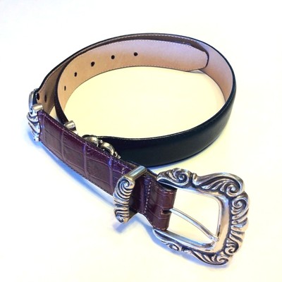VTG Brighton Black Leather Croc Belt Amber Inlay Embossed Silver Buckle \'96‎ USA Croc Leather Belt Silver Buckle - Etsy main image 2