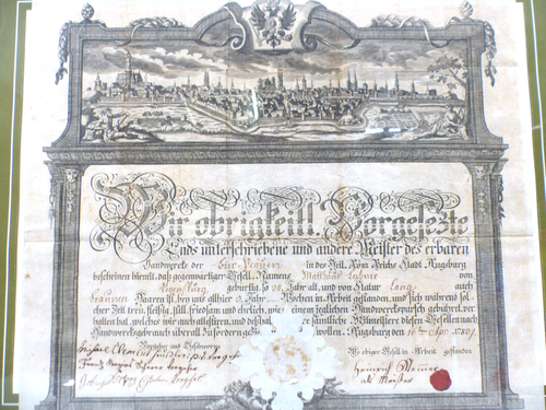 Urkunde Gesellenbrief von 1782 Bierbrauer Zunft mit Gesamtansicht von Augsburg