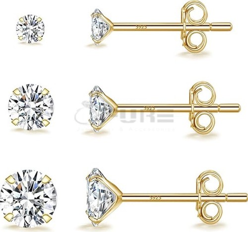 Gold Sterling Silver Cubic Zirconia Stud Earrings Set of 3 (2mm/3mm/4mm)