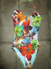 EUC SPEEDO Sz 8 Fully-Lined Tropical Drawstring Neck 1-Pc Swimsuit Ret 76