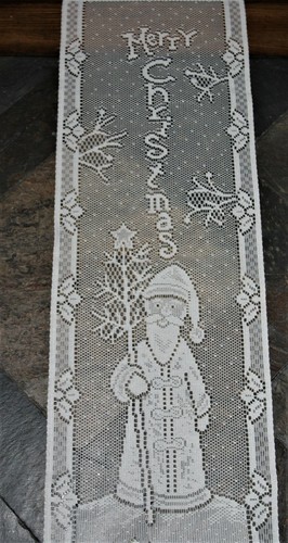 Lace FOLK ART SANTA MERRY CHRISTMAS Holly Bell Pull Wall Hanging - 8" x 30" Ecru - Picture 2 of 2