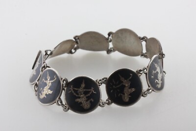 Siam Vintage Sterling Silver 925 Niello Dancer Round Panel Link