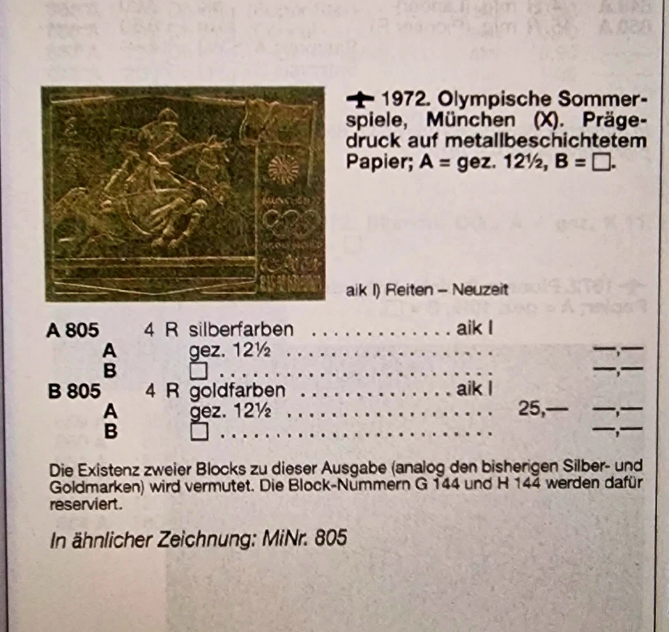 UAE 1972 Rare Block Ras Al Khaima MNH Germany Olympics Horses Silver Stamp - Image 3 of 3