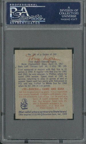 1949 Bowman #141 Ulysses Lupien PSA 9 - Picture 2 of 2