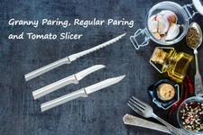 Rada 3 pc Set Granny Paring, Regular Paring & Tomato Slicer Knife  Silver Handle
