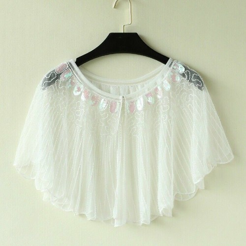 Lady Cape Poncho Lace Mesh Blouse Wrap Shawl Cloak Beaded Glitter Bridal Fashion - Picture 3 of 11