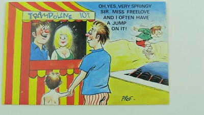 1960er riskante Comic Vintage Postkarte blond große Brüste Trampolin Jahrmarkt Fete