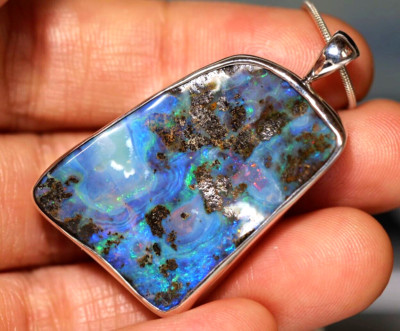 Australian Natural Queensland Solid Boulder Opal Silver 925 Pendant Hallmarked 