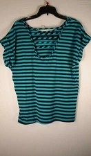 Cute Junior's Blue Striped Short Sleeve Open String Back Blouse Top Shirt Jenni