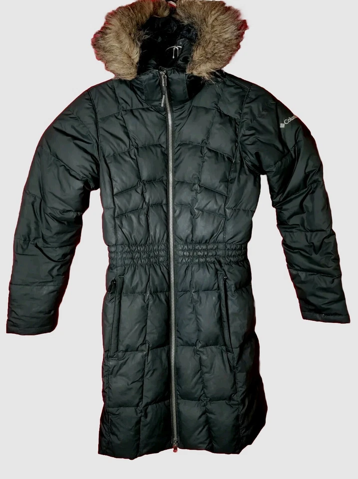 Jaqueta de neve Columbia feminina XS longa forro de pele sintética capuz acolchoado inverno - Imagem 2 de 4