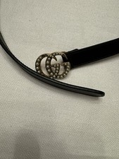 Gucci Black GG Marmont Thin Belt with Pearls