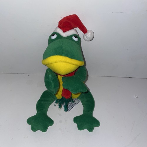 1988 Chrisha Playfull Plush Green Bean Bag Christmas Frog with Red Hat and Scarf