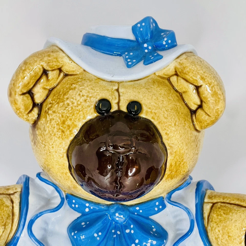 Estatuilla vintage de cerámica de oso de peluche porcelana marrón azul Foto 2 de 4