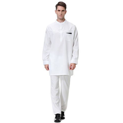 Men Thobe Jubba Two Piece Men Kaftan Top Long Pant Set Muslim Men Robe Dishdasha - Picture 14 of 42