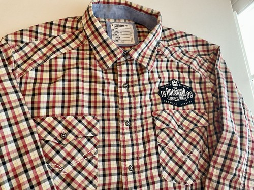 ROCA WEAR Denim Co Red Plaid Patch Embroidered Long Sleeve Button Men Shirt 2XL - Picture 2 of 18