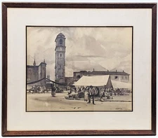 Paride Castellan painting ink wash original signed by the artist 1956 in Castell